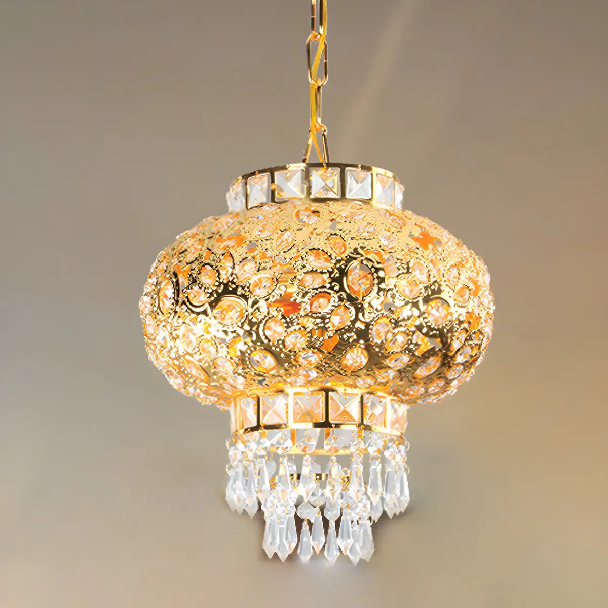 Gold Iron Lantern Crystal Adjustable Living Room Chandelier Image - 5