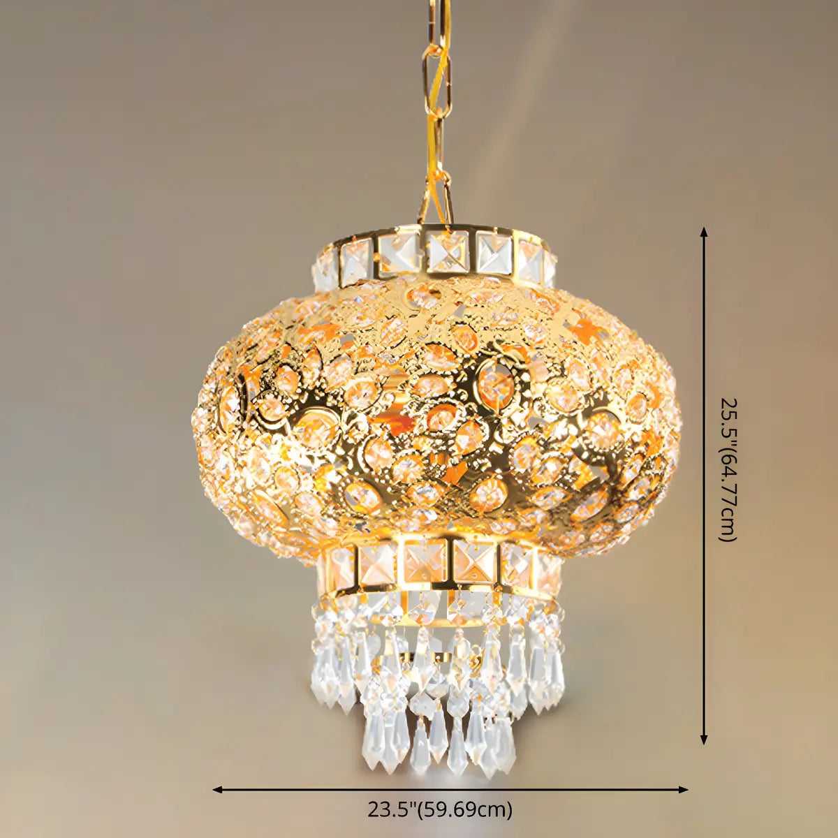 Gold Iron Lantern Crystal Adjustable Living Room Chandelier 