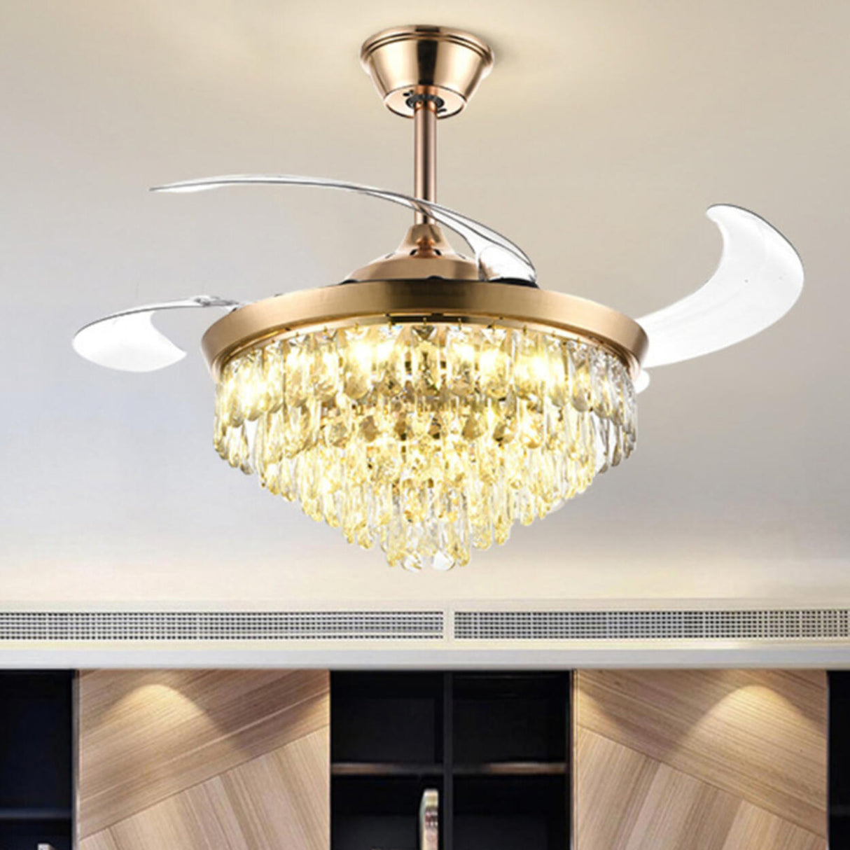 Gold Luxury Crystal Cone Modern Ceiling Fan with Light Image - 1