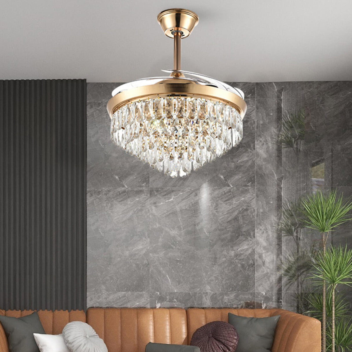 Gold Luxury Crystal Cone Modern Ceiling Fan with Light Image - 2