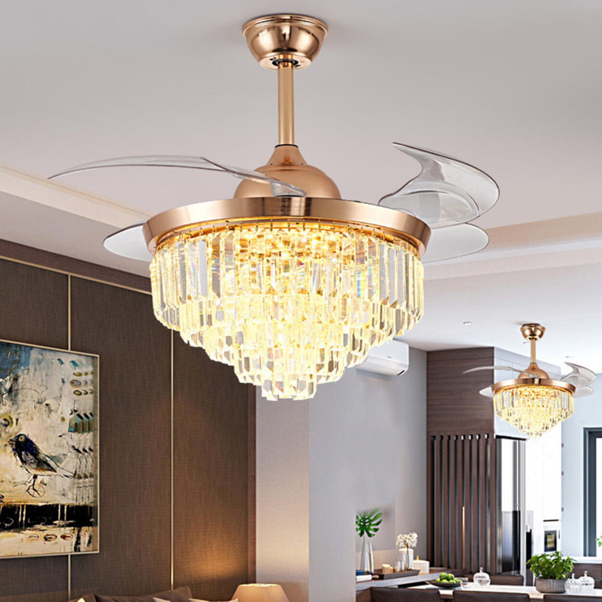 Gold Luxury Crystal Cone Modern Ceiling Fan with Light Image - 3