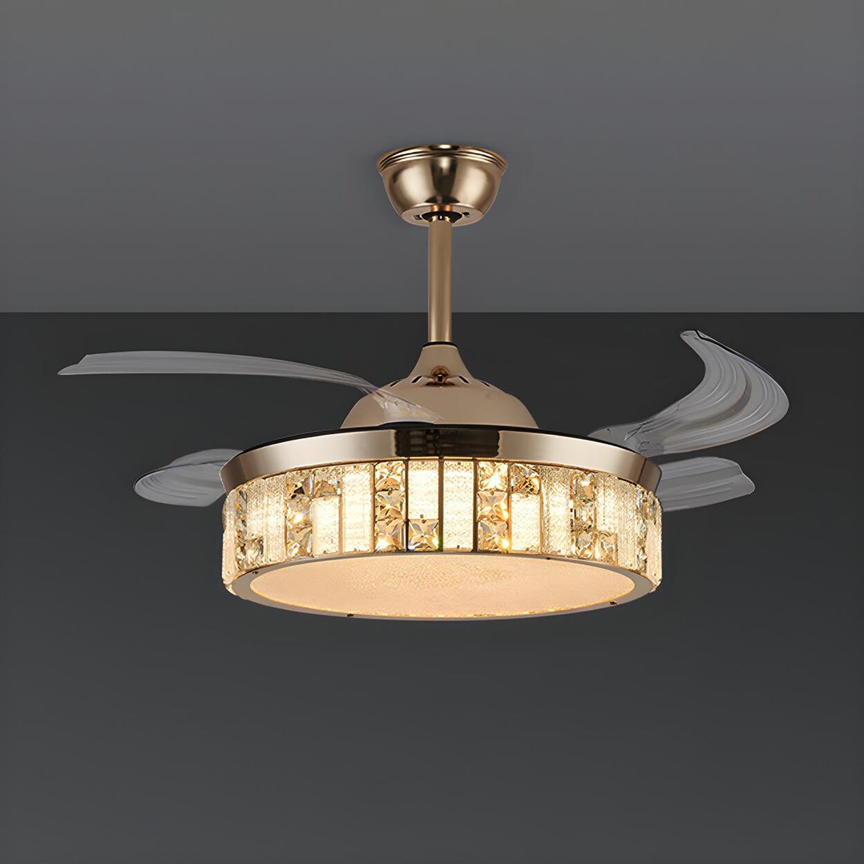 Gold Luxury Round Crystal Decor Ceiling Fan with Light Image - 3