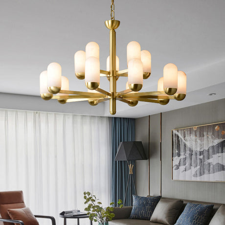 Gold Modern Glass Cylindrical Branching Chandelier Image - 1