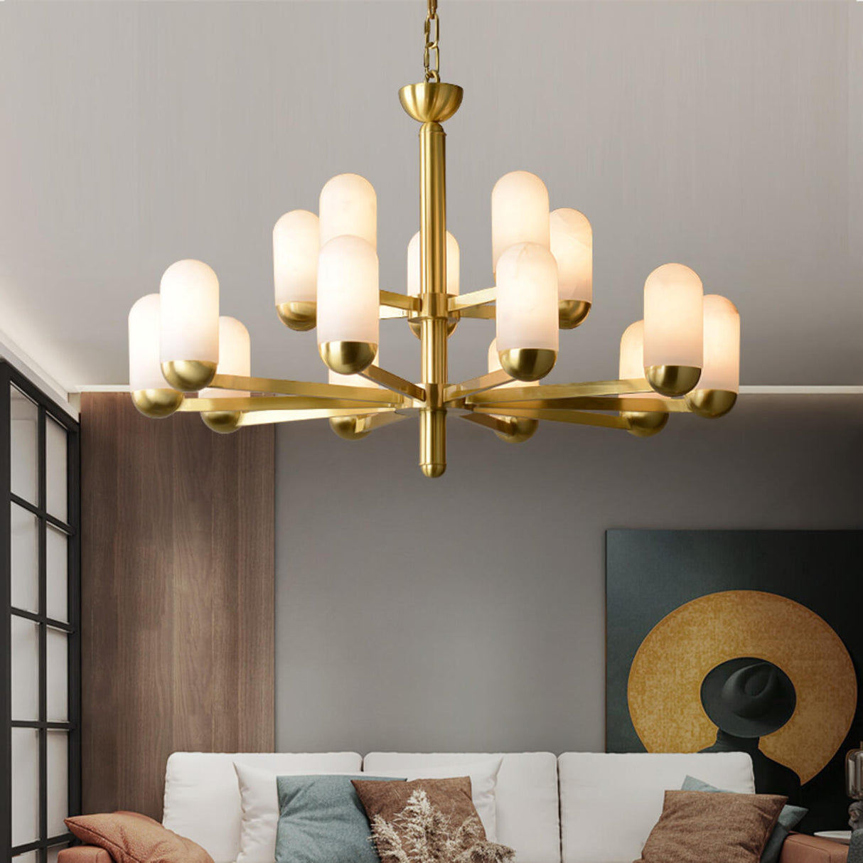 Gold Modern Glass Cylindrical Branching Chandelier Image - 4