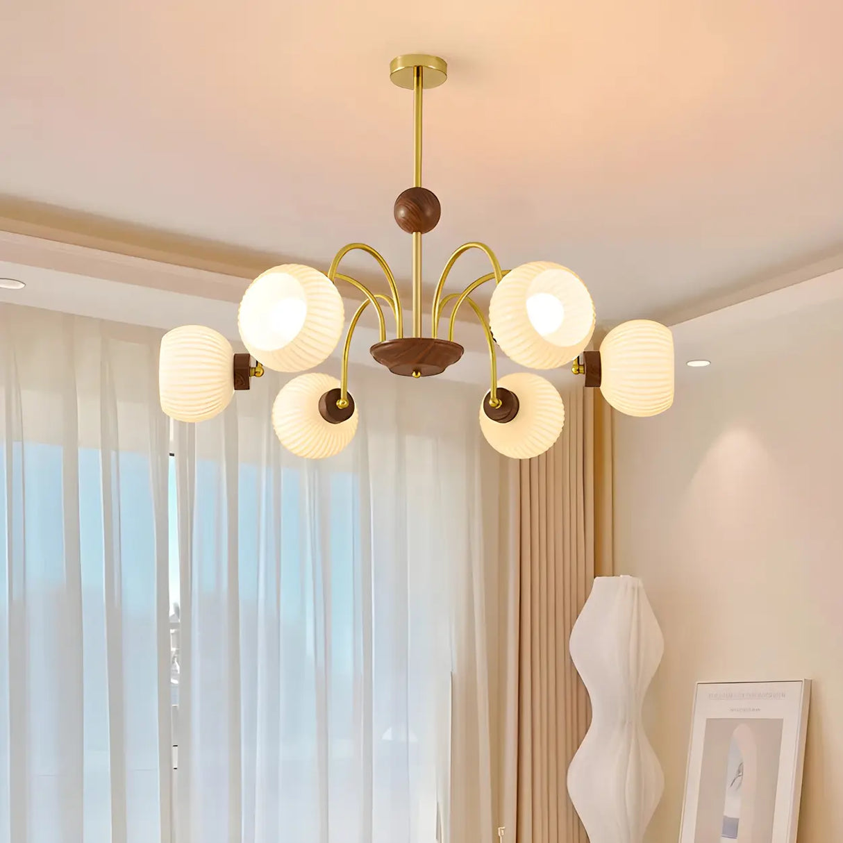 Gold Modern Semicircle Wood Ceiling 5-Bulb Chandelier Image - 3