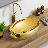 Gold Oval Ceramic Vessel Sinks with Center Trapway Image - 1