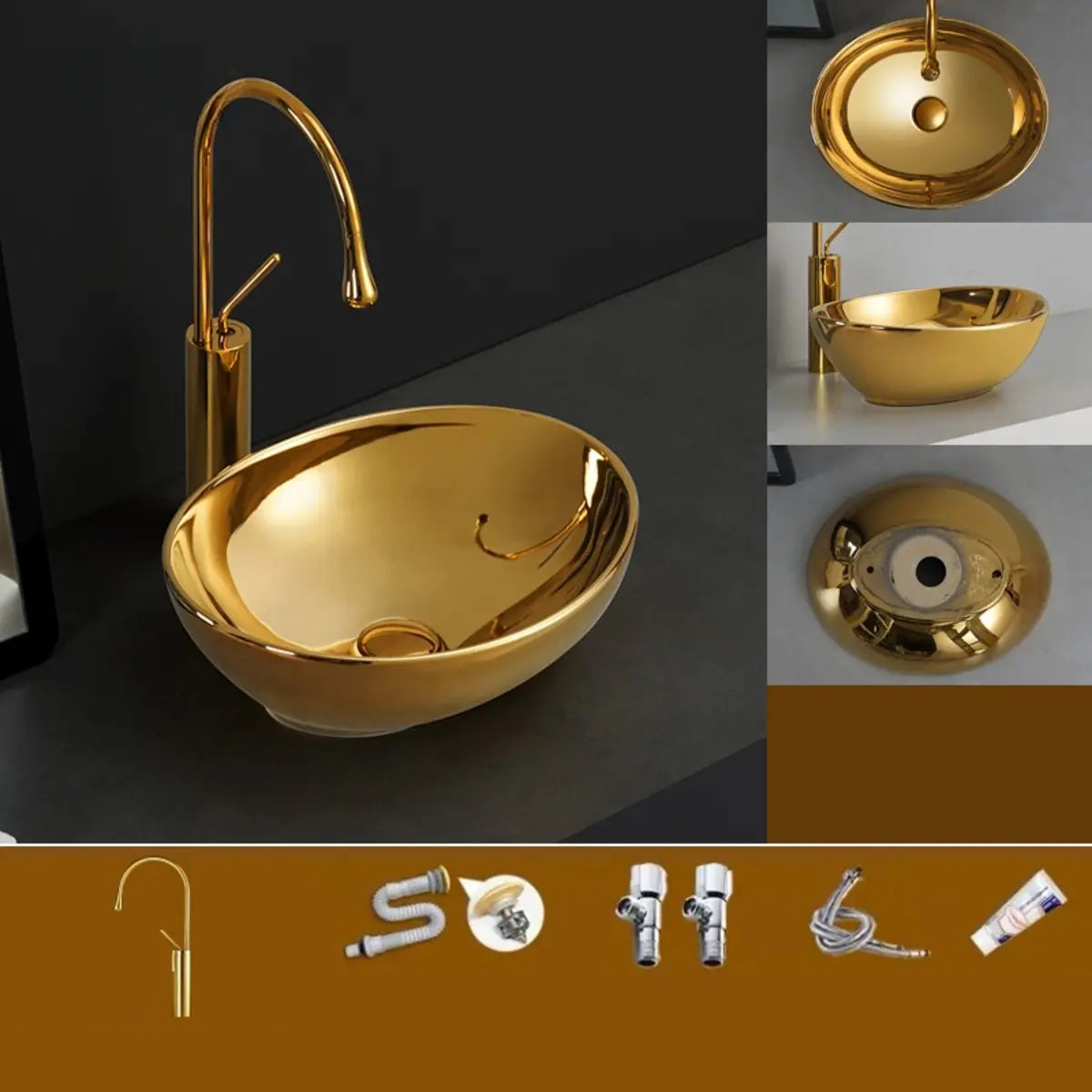 Gold Oval Ceramic Vessel Sinks with Center Trapway Image - 11