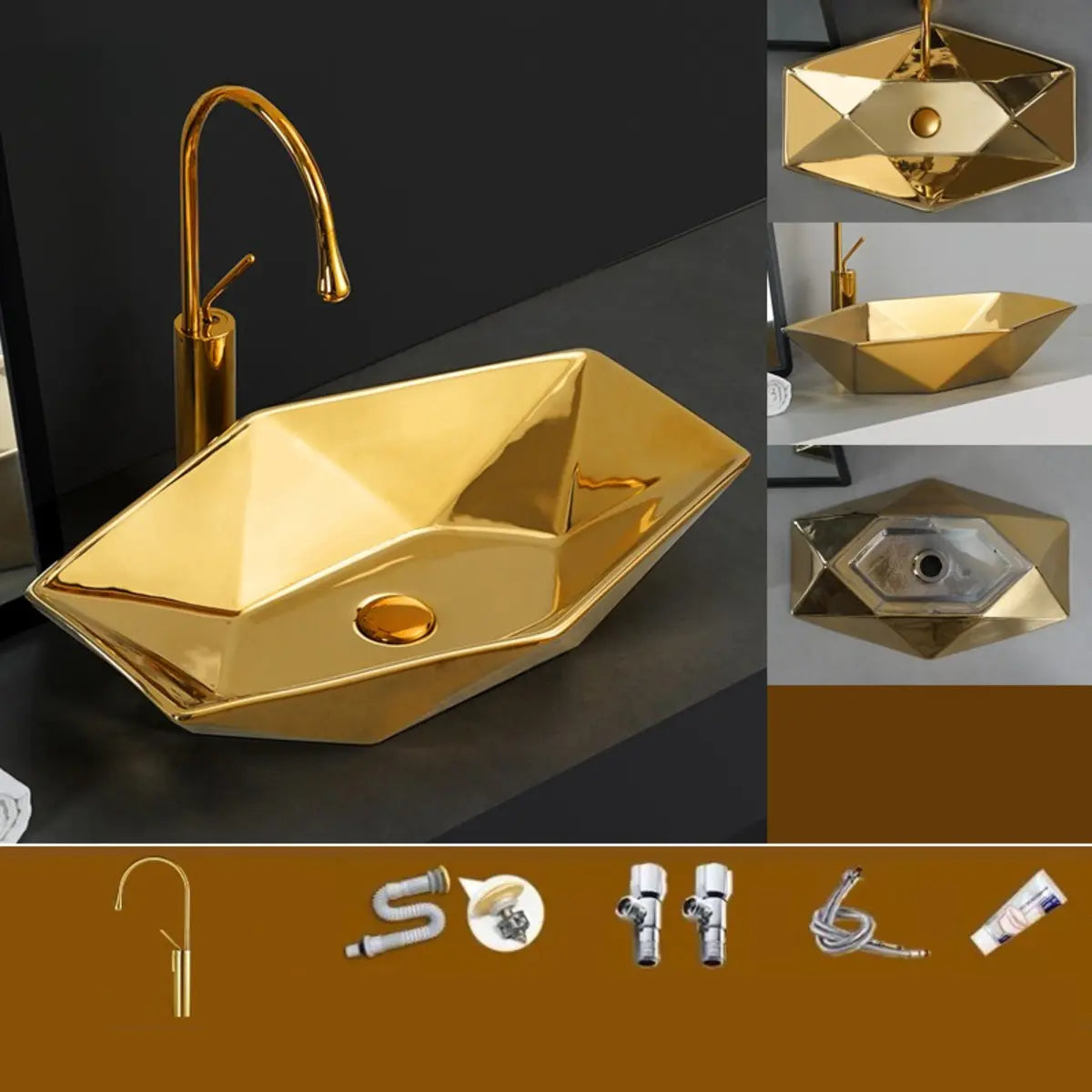 Gold Oval Ceramic Vessel Sinks with Center Trapway Image - 29