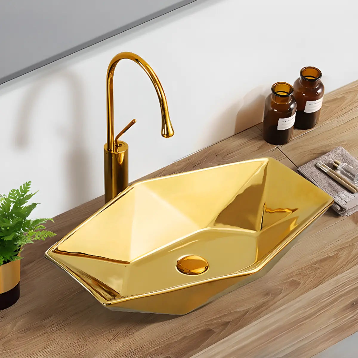 Gold Oval Ceramic Vessel Sinks with Center Trapway Image - 3