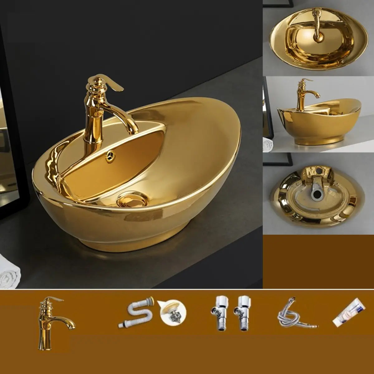 Gold Oval Ceramic Vessel Sinks with Center Trapway Image - 31