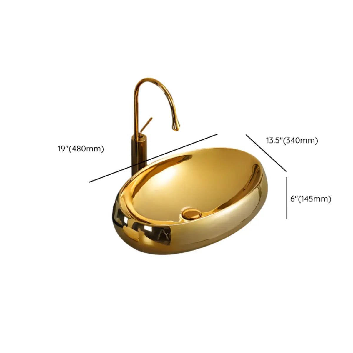 Gold Oval Ceramic Vessel Sinks with Center Trapway 