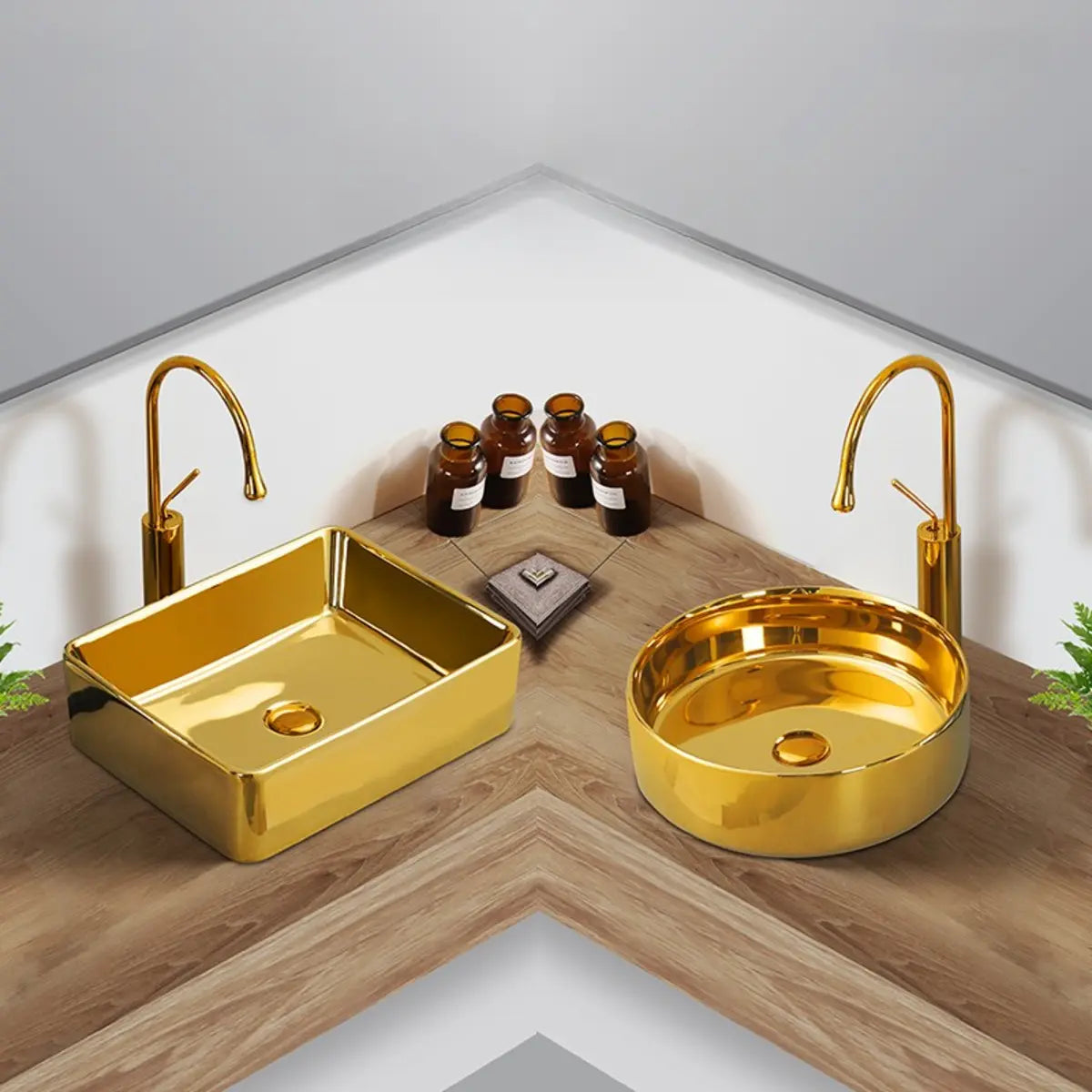 Gold Oval Ceramic Vessel Sinks with Center Trapway Image - 7