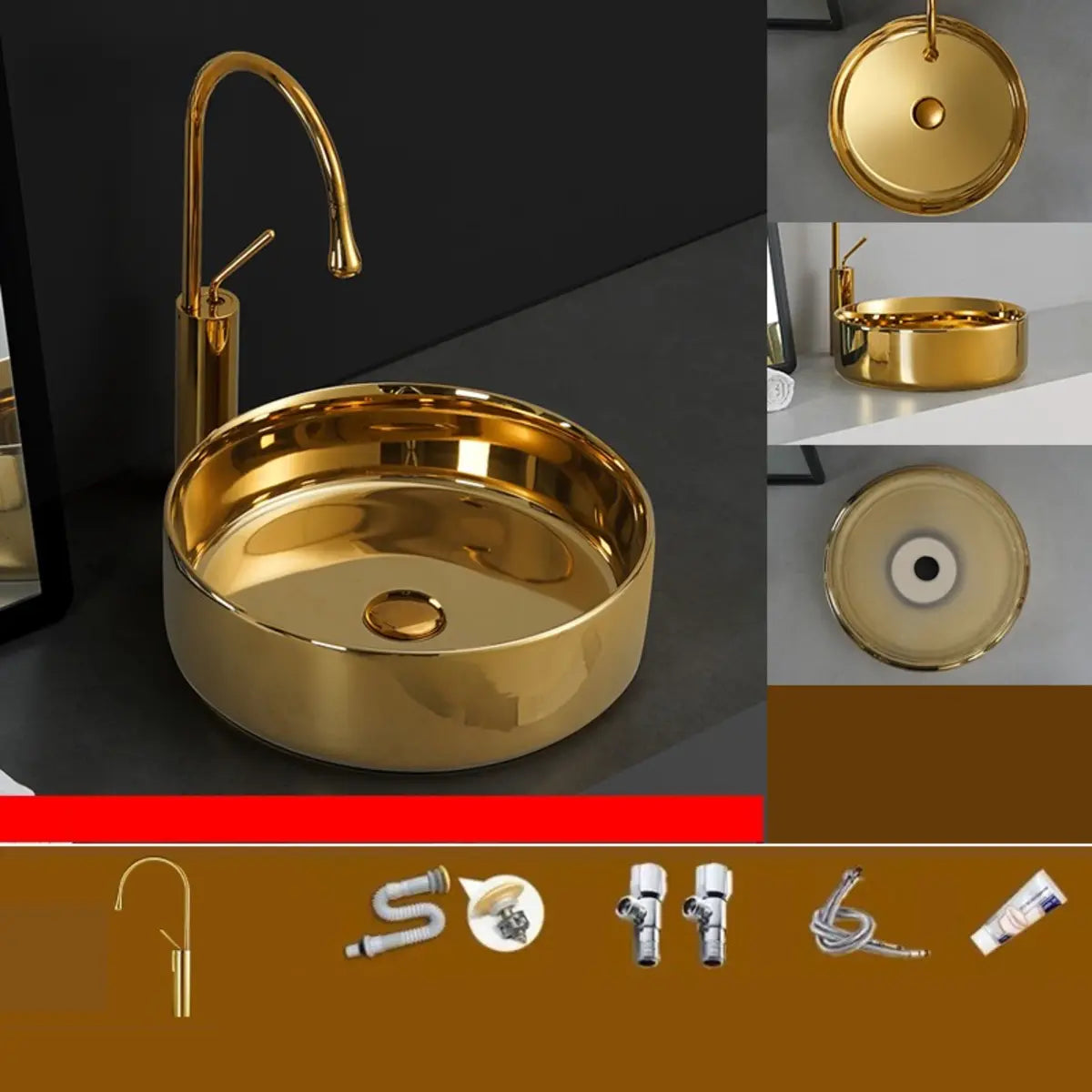 Gold Oval Ceramic Vessel Sinks with Center Trapway Image - 8