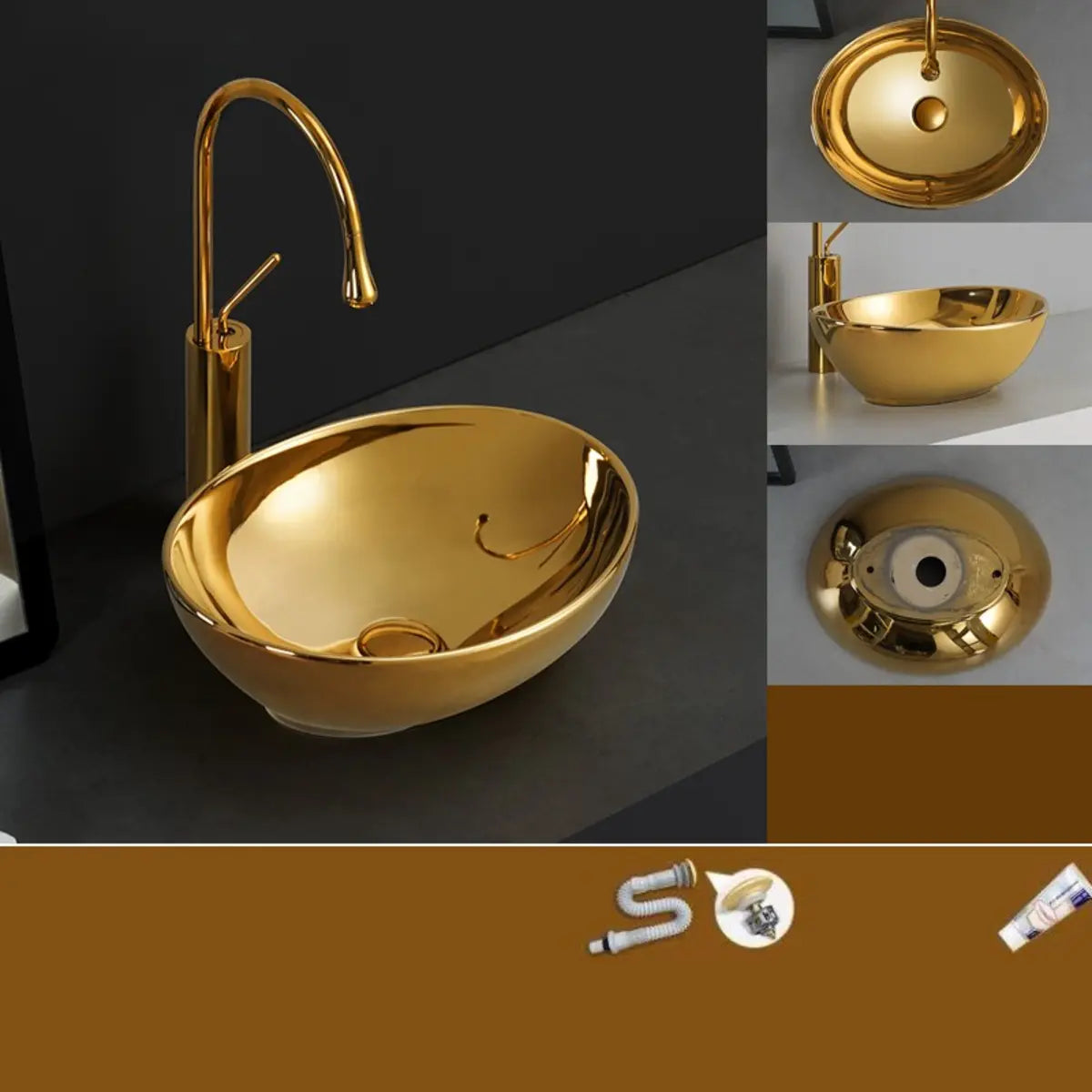 Gold Oval Ceramic Vessel Sinks with Center Trapway Image - 9