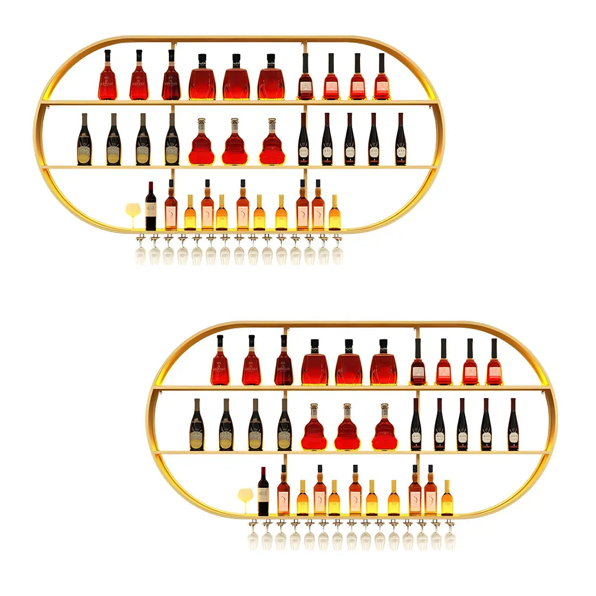 Gold Oval Iron Floating Wall Bar Wine Rack Stemware Holder Image - 20