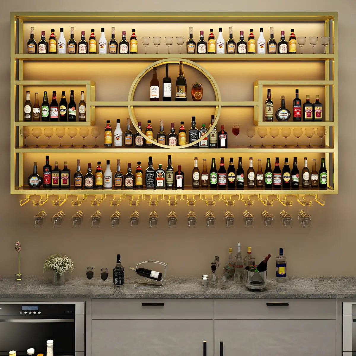 Gold Rectangle Metal Large Wall Mounted Bar Wine Rack Image - 16