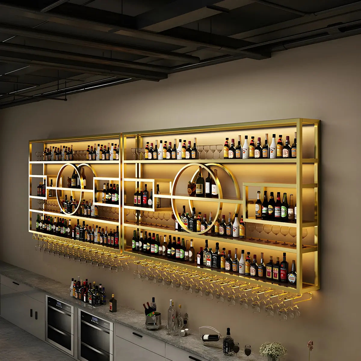 Gold Rectangle Metal Large Wall Mounted Bar Wine Rack Image - 5