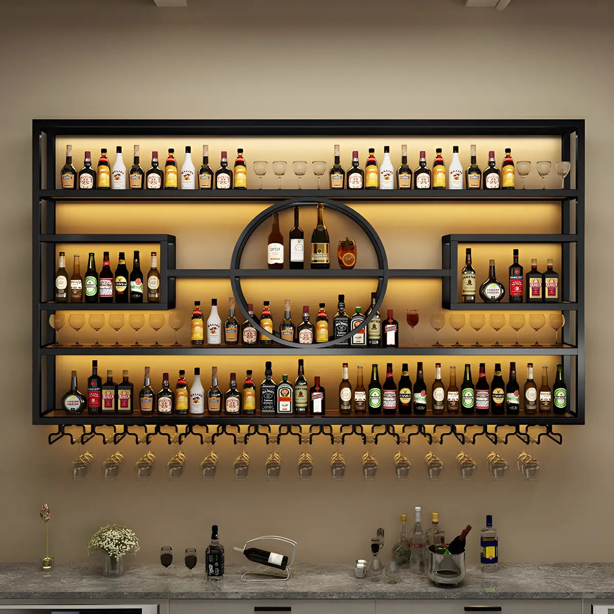 Gold Rectangle Metal Large Wall Mounted Bar Wine Rack Image - 8