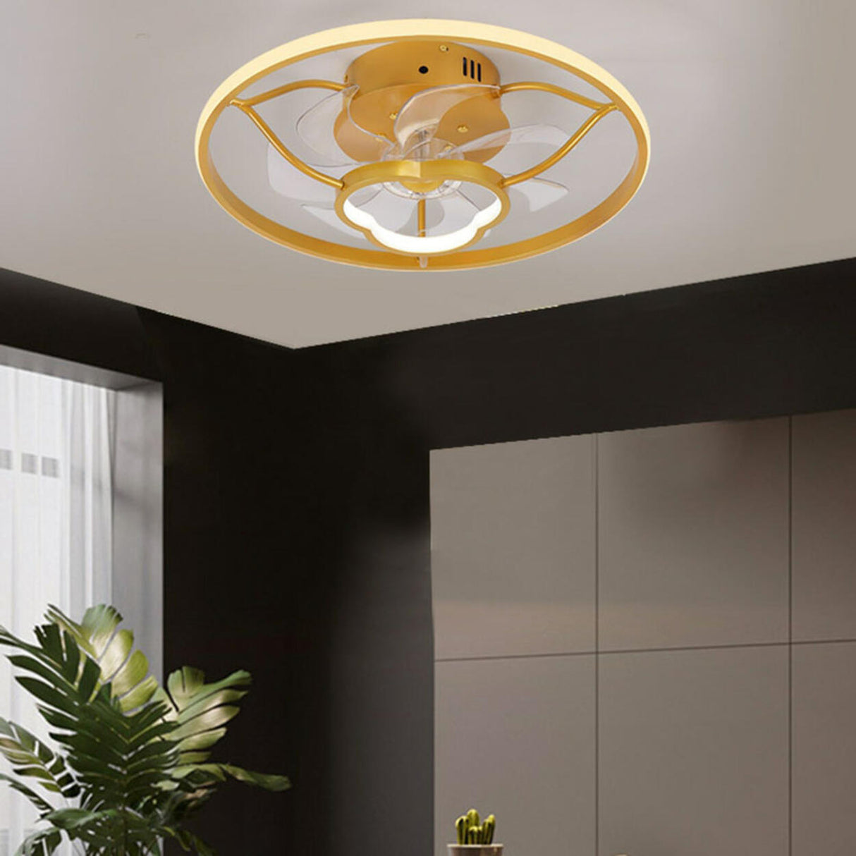 Gold Round Bedroom 7 Blade Ceiling Fan with LED Light Image - 4