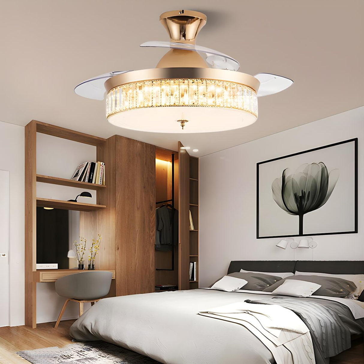 Gold Round Retractable Blade Ceiling Fan with Light Image - 8