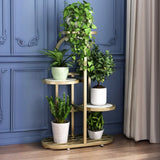 Gold Round Wood Tray Floor Metal Display Plant Stand Image - 12