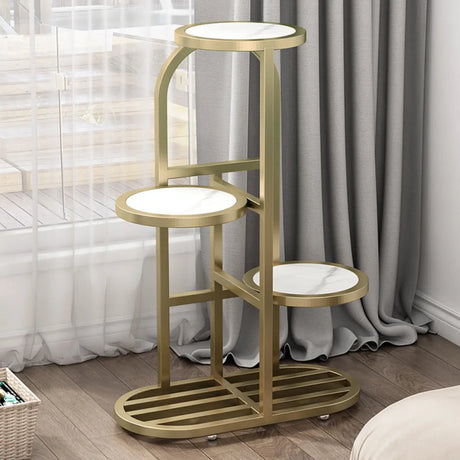 Gold Round Wood Tray Floor Metal Display Plant Stand Image - 2