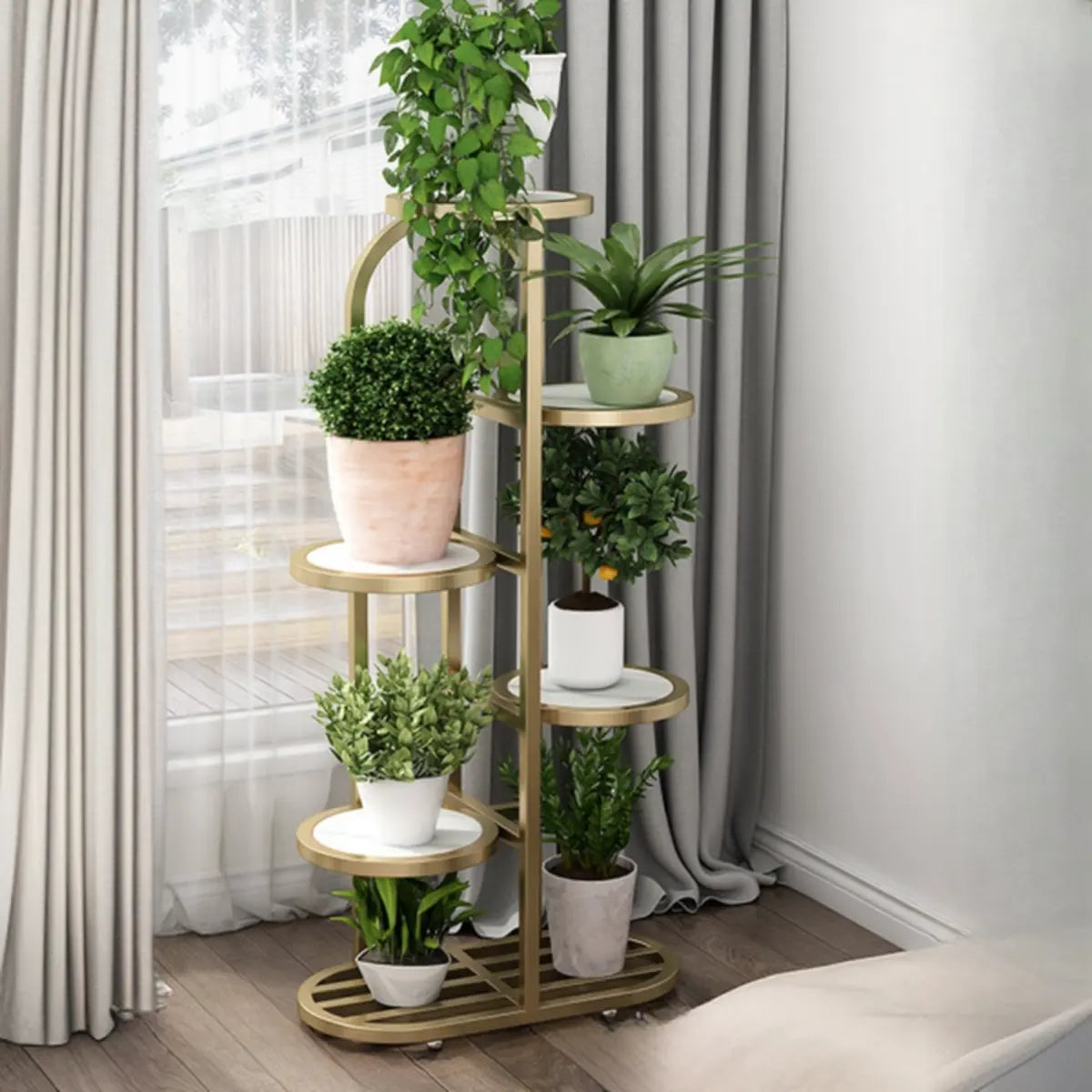 Gold Round Wood Tray Floor Metal Display Plant Stand Image - 20