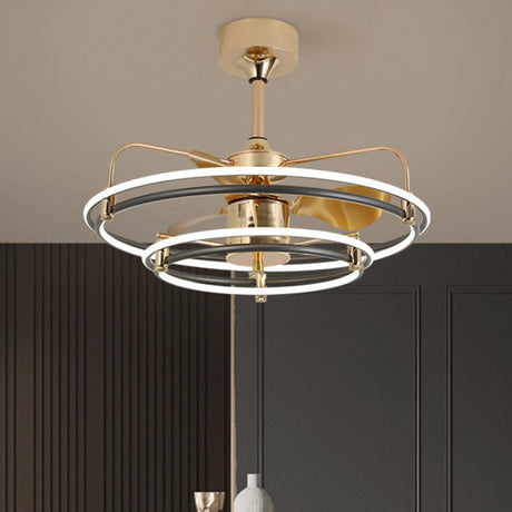 Gold Simple Bedroom Double Round Ceiling Fan Light Image - 1