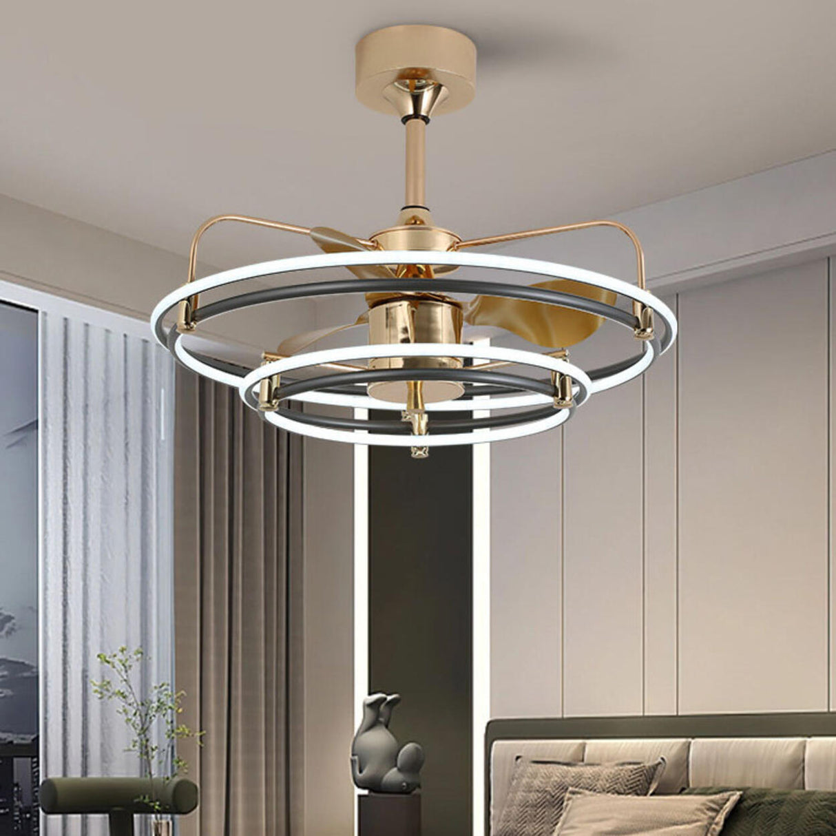 Gold Simple Bedroom Double Round Ceiling Fan Light Image - 14