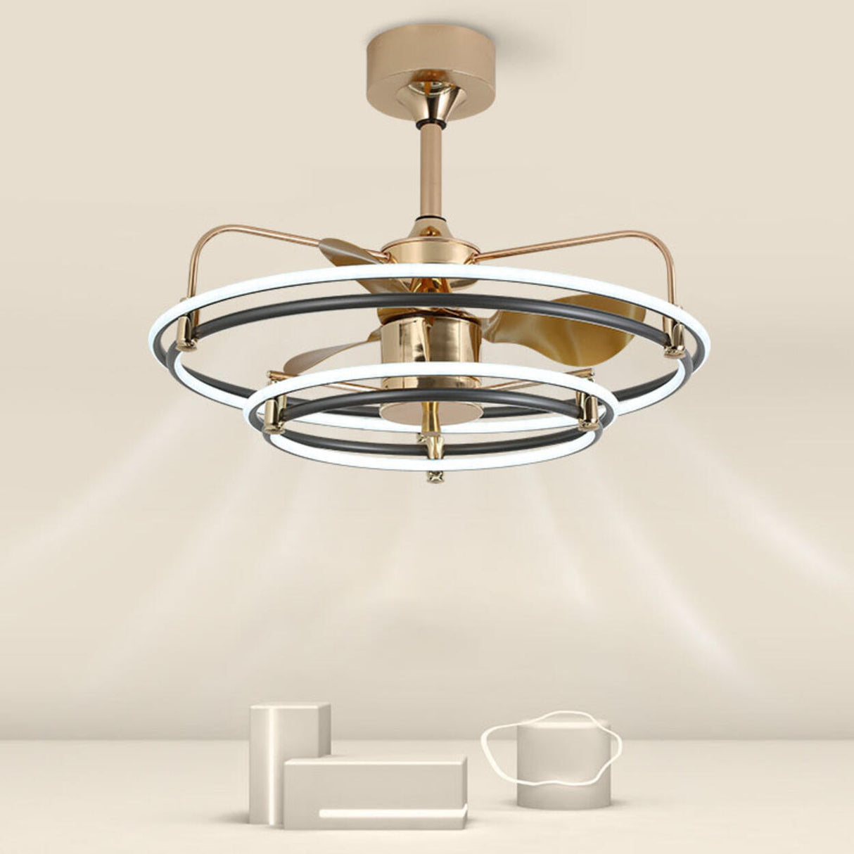 Gold Simple Bedroom Double Round Ceiling Fan Light Image - 15