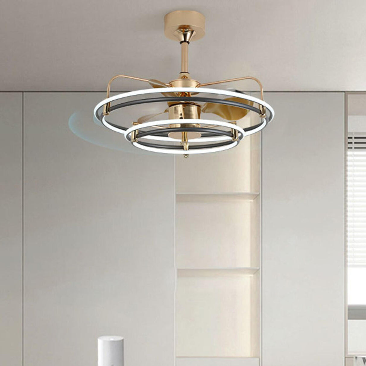 Gold Simple Bedroom Double Round Ceiling Fan Light Image - 17