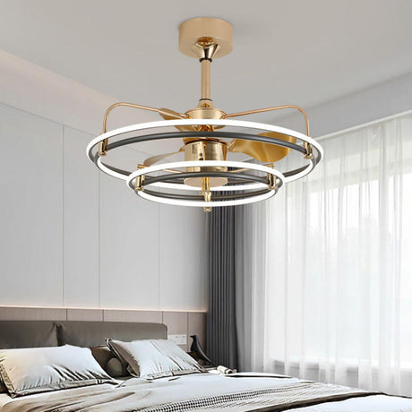 Gold Simple Bedroom Double Round Ceiling Fan Light Image - 2