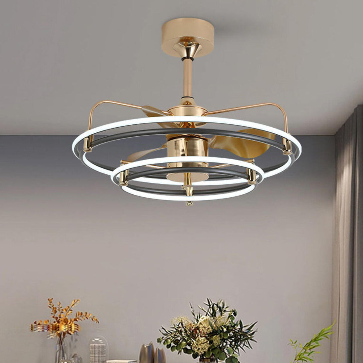 Gold Simple Bedroom Double Round Ceiling Fan Light Image - 3