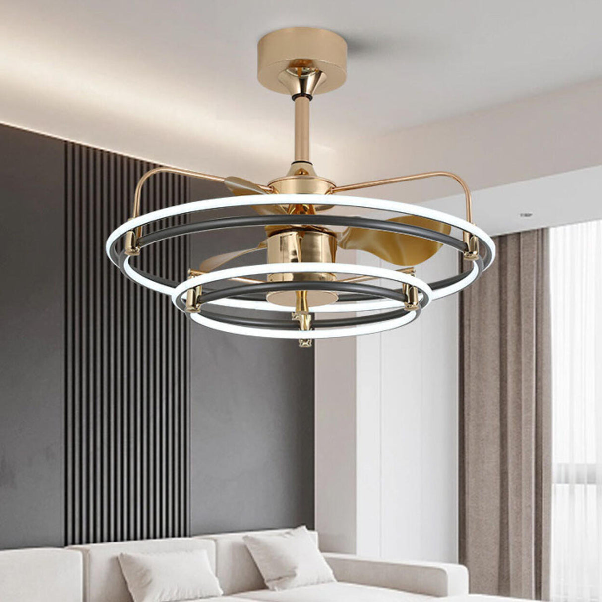 Gold Simple Bedroom Double Round Ceiling Fan Light Image - 4