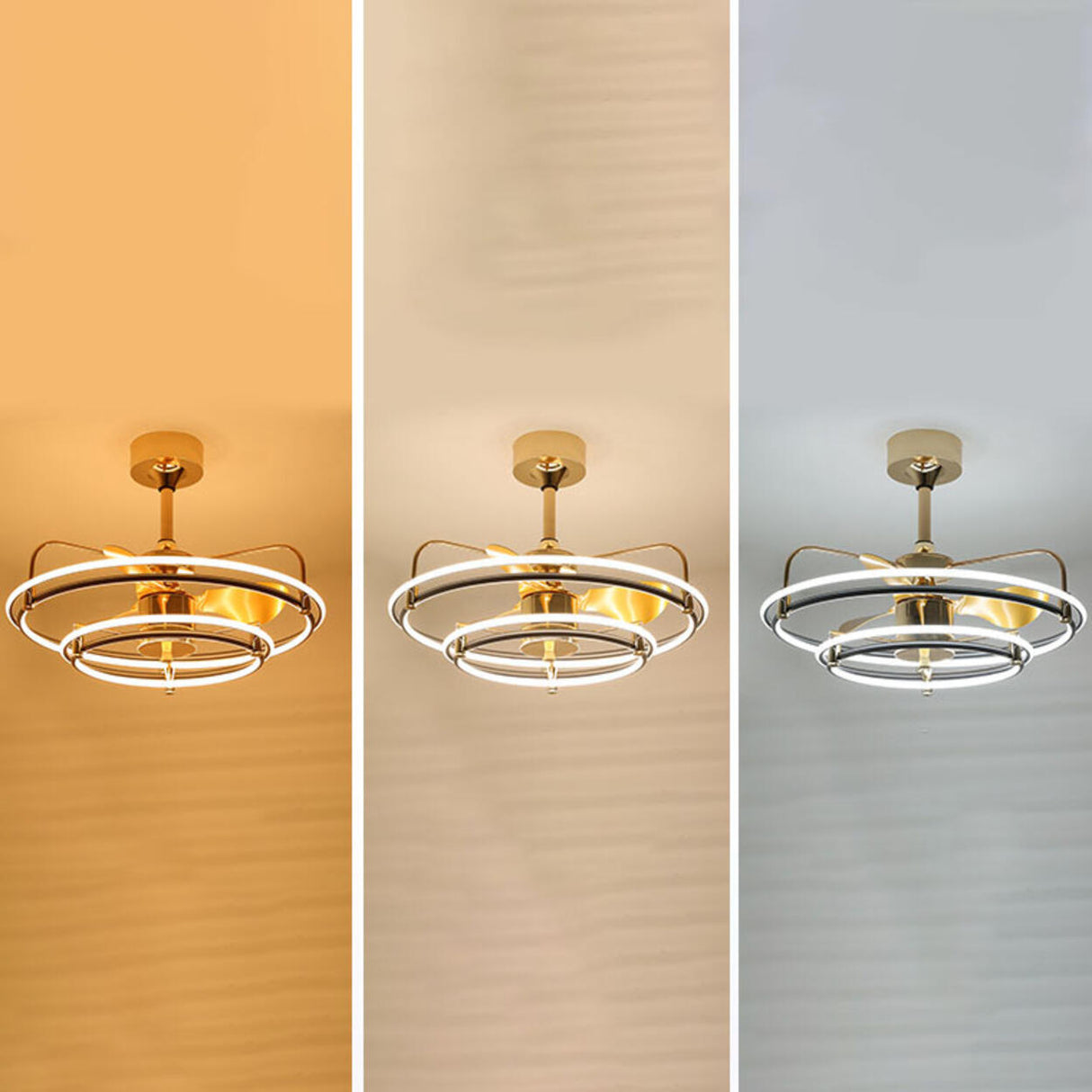 Gold Simple Bedroom Double Round Ceiling Fan Light Image - 9