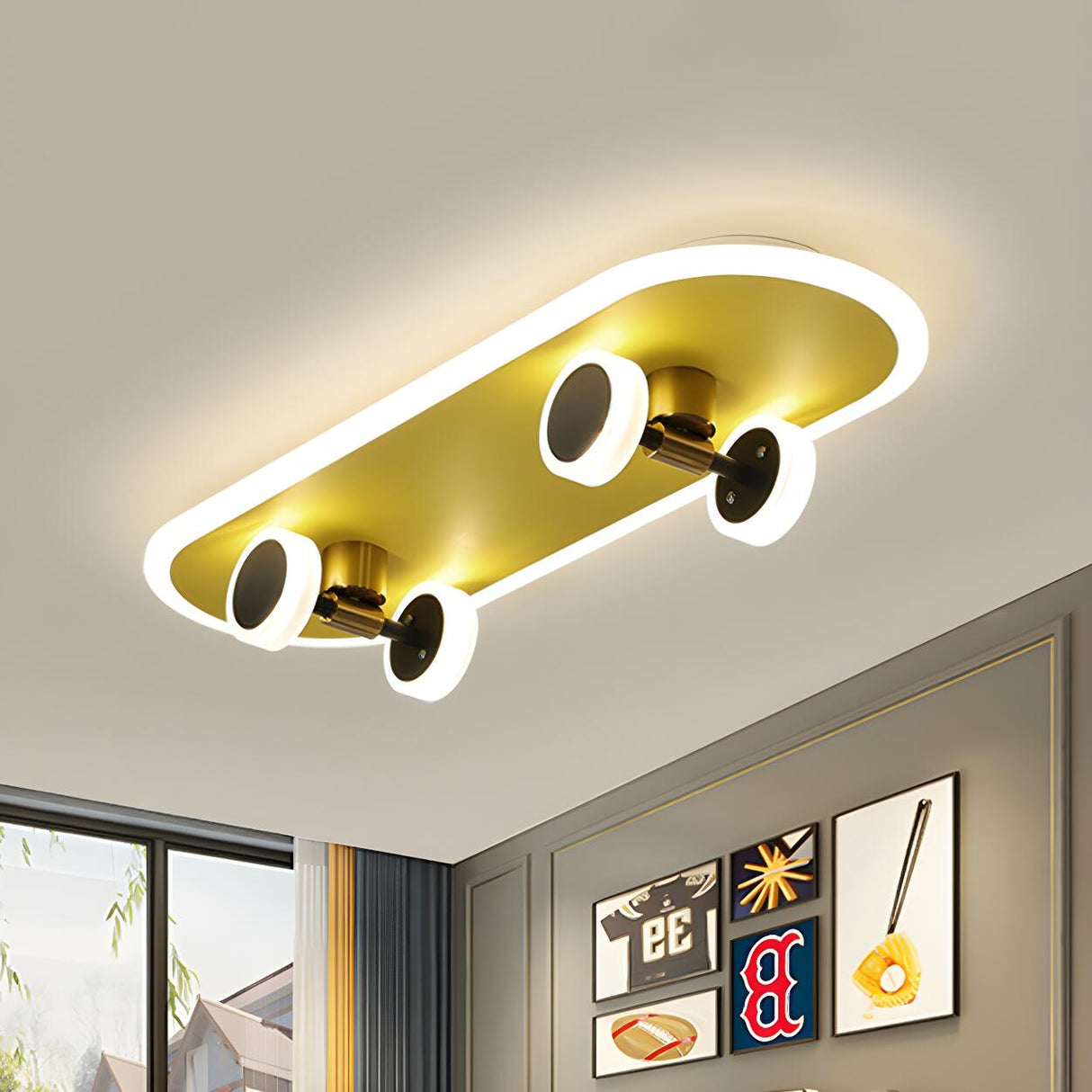 Gold Skateboard LED Flush Mount Ceiling Light Kids Room Image - 5