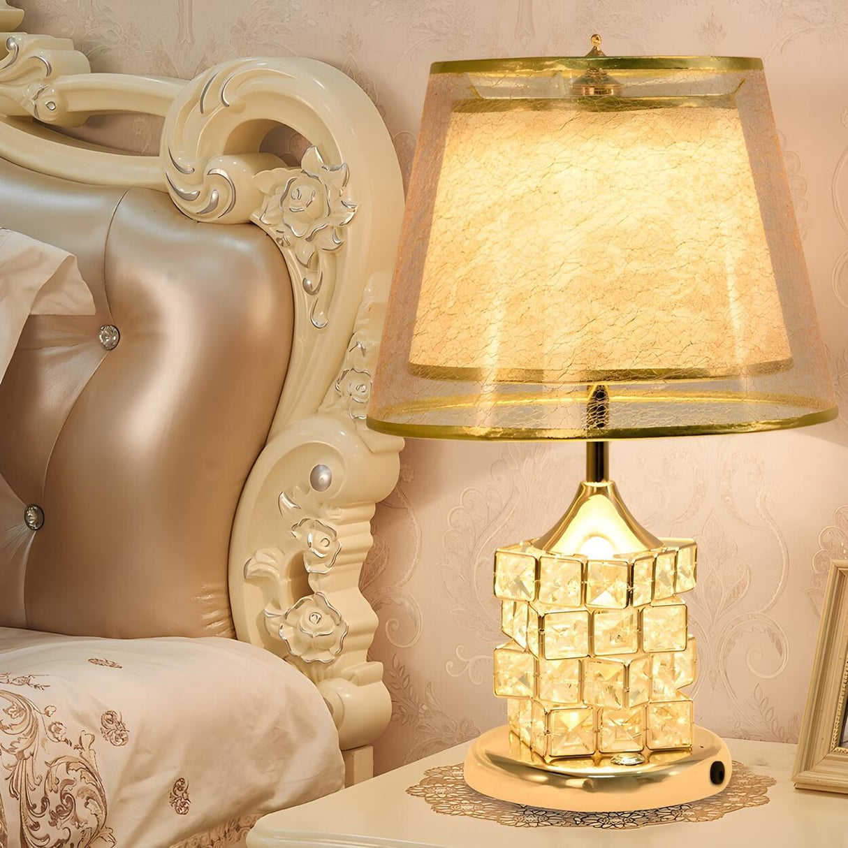 Gold Stylish Double Shade Chic Crystal Base Table Lamp Image - 3