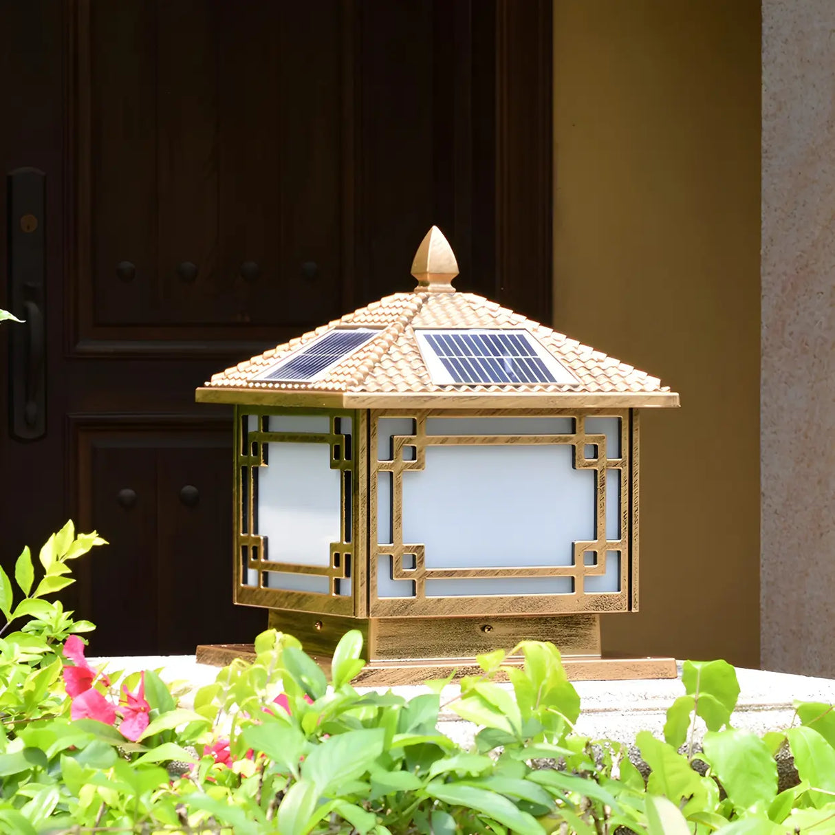 Gold Traditional Solar Outdoor Garden Pillar Light Image - 3