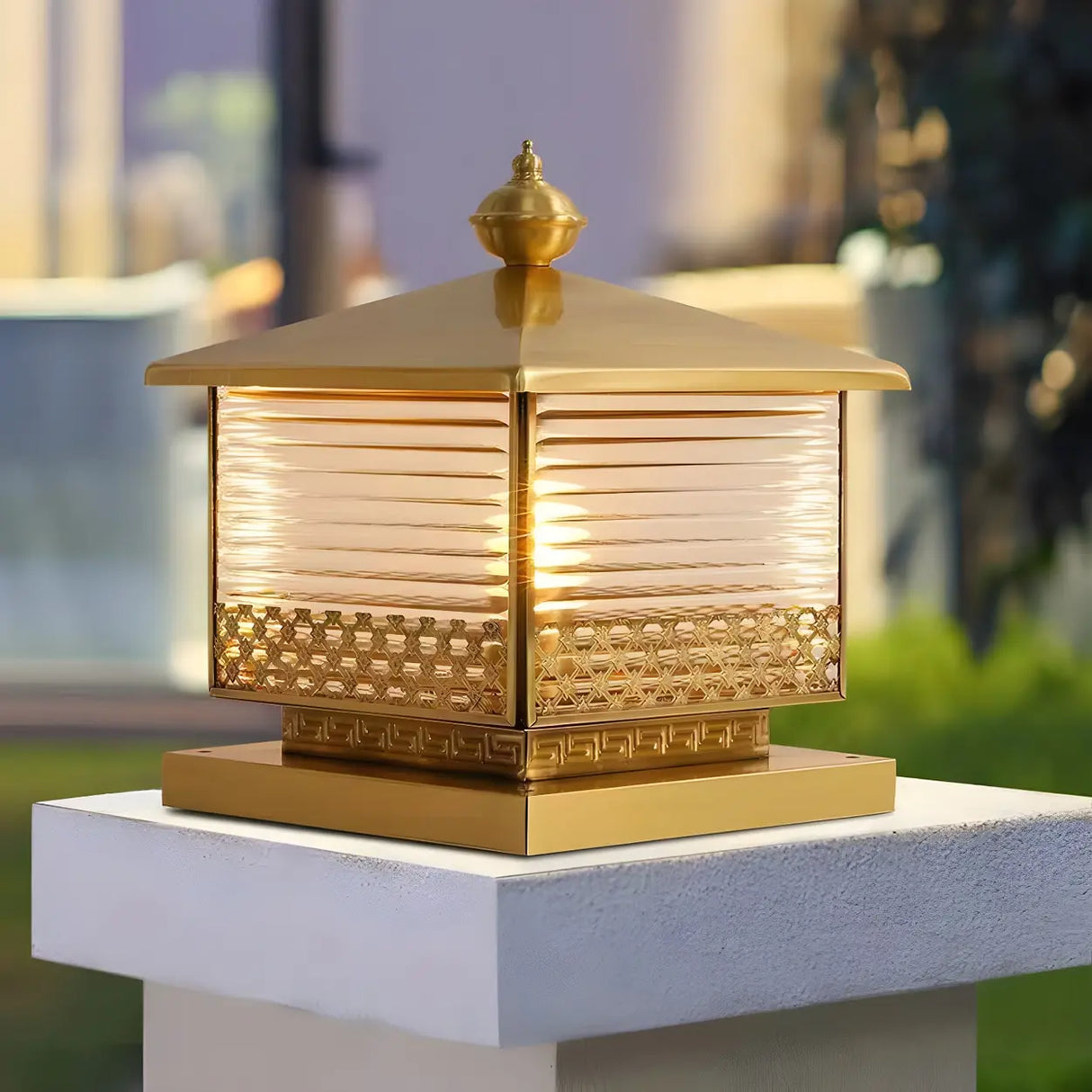 Golden Classic Square Metal Outdoor Post Table Lamp Image - 1