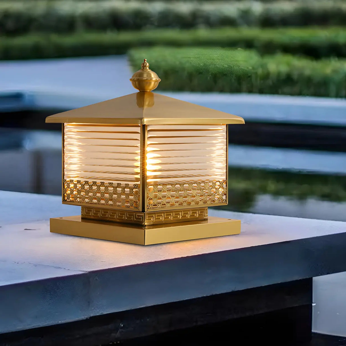 Golden Classic Square Metal Outdoor Post Table Lamp Image - 10