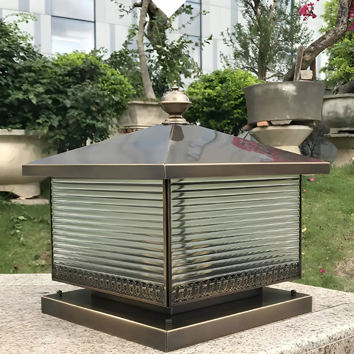 Golden Classic Square Metal Outdoor Post Table Lamp Image - 11