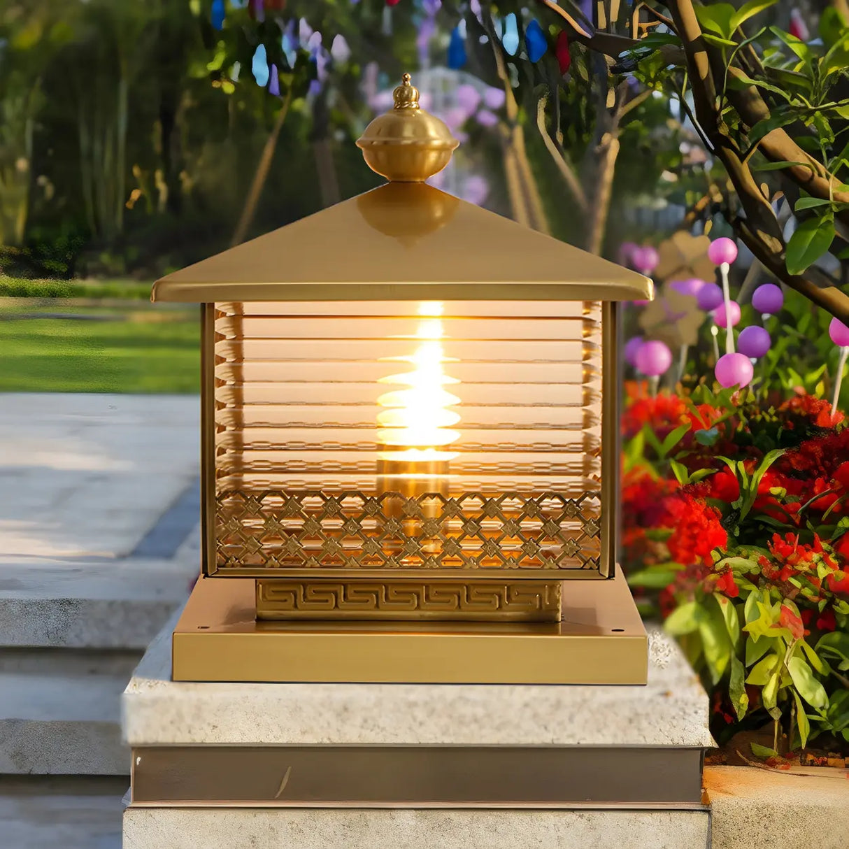 Golden Classic Square Metal Outdoor Post Table Lamp Image - 12