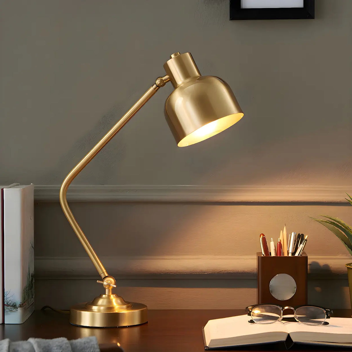 Golden Contemporary Coppery Bedroom Metal Table Lamp Image - 1