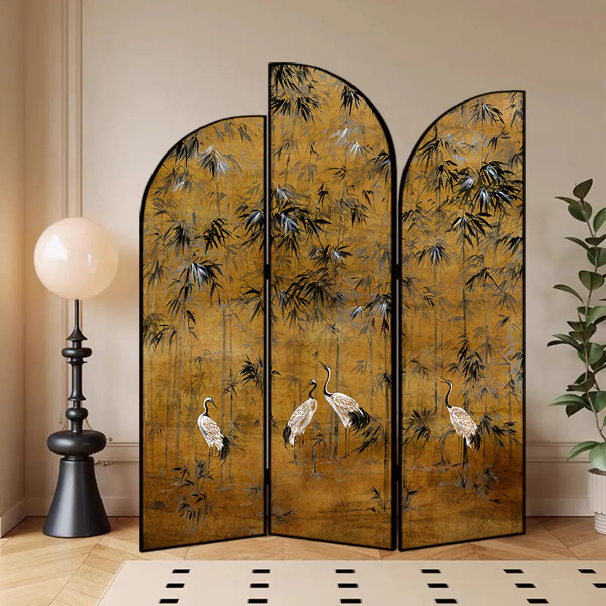 Golden Floral Canvas Privacy Double Sided Print Room Divider Image - 11