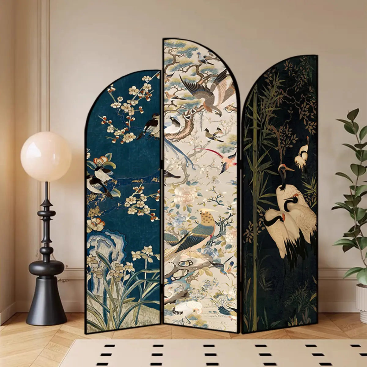 Golden Floral Canvas Privacy Double Sided Print Room Divider Image - 19