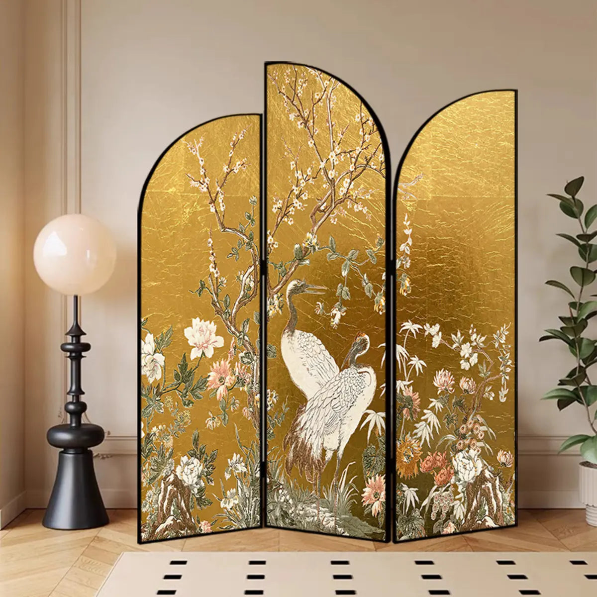 Golden Floral Canvas Privacy Double Sided Print Room Divider Image - 20