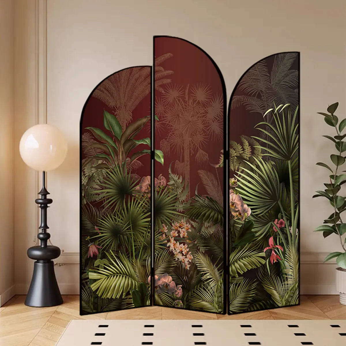 Golden Floral Canvas Privacy Double Sided Print Room Divider Image - 23