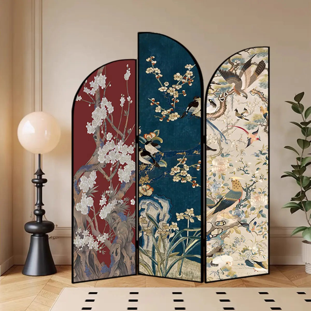 Golden Floral Canvas Privacy Double Sided Print Room Divider Image - 27