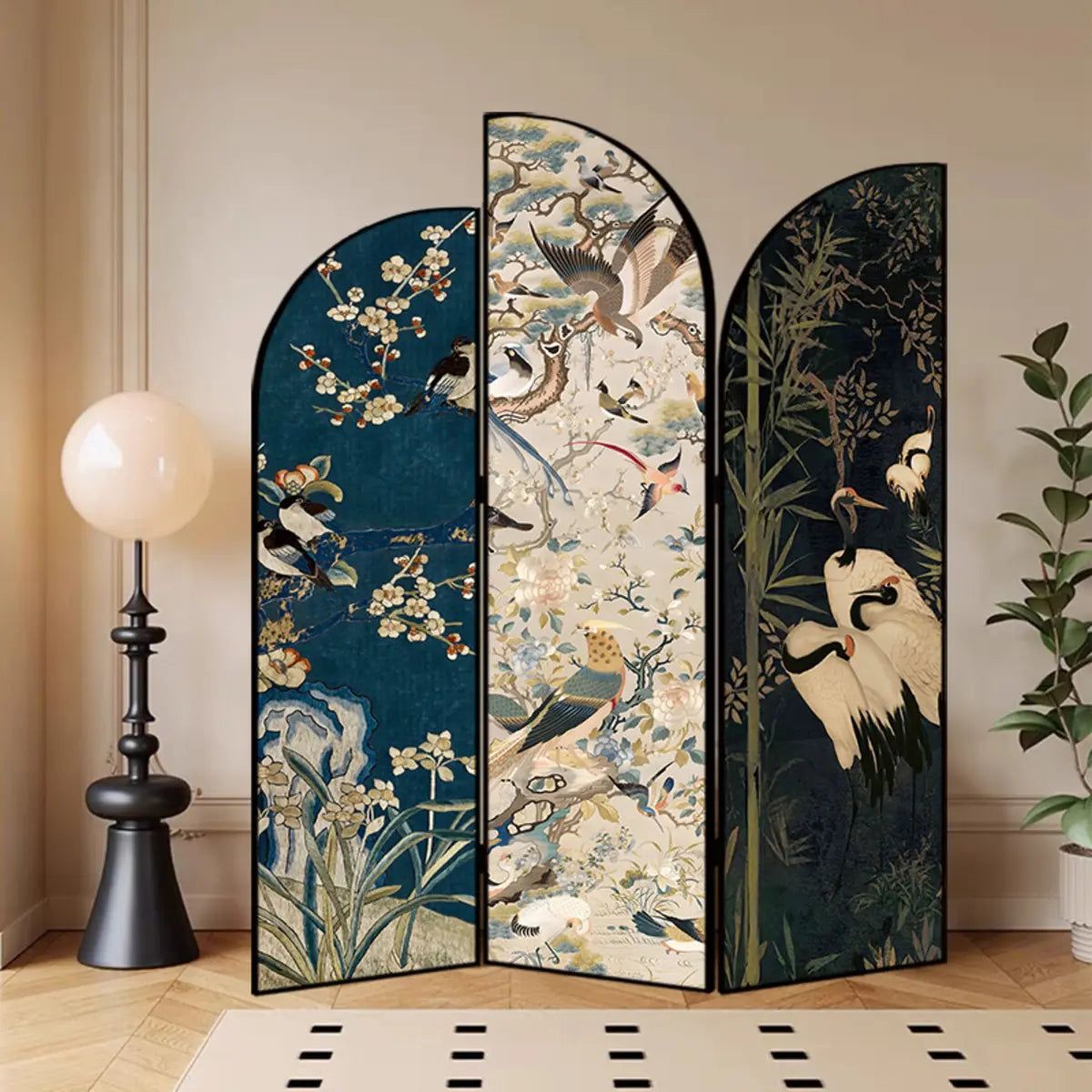 Golden Floral Canvas Privacy Double Sided Print Room Divider Image - 28