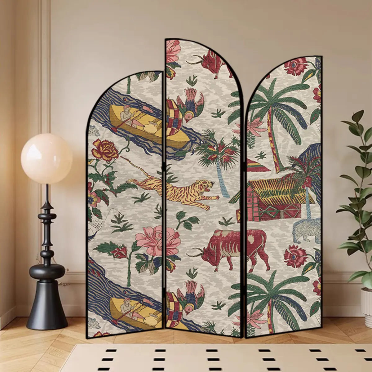 Golden Floral Canvas Privacy Double Sided Print Room Divider Image - 3